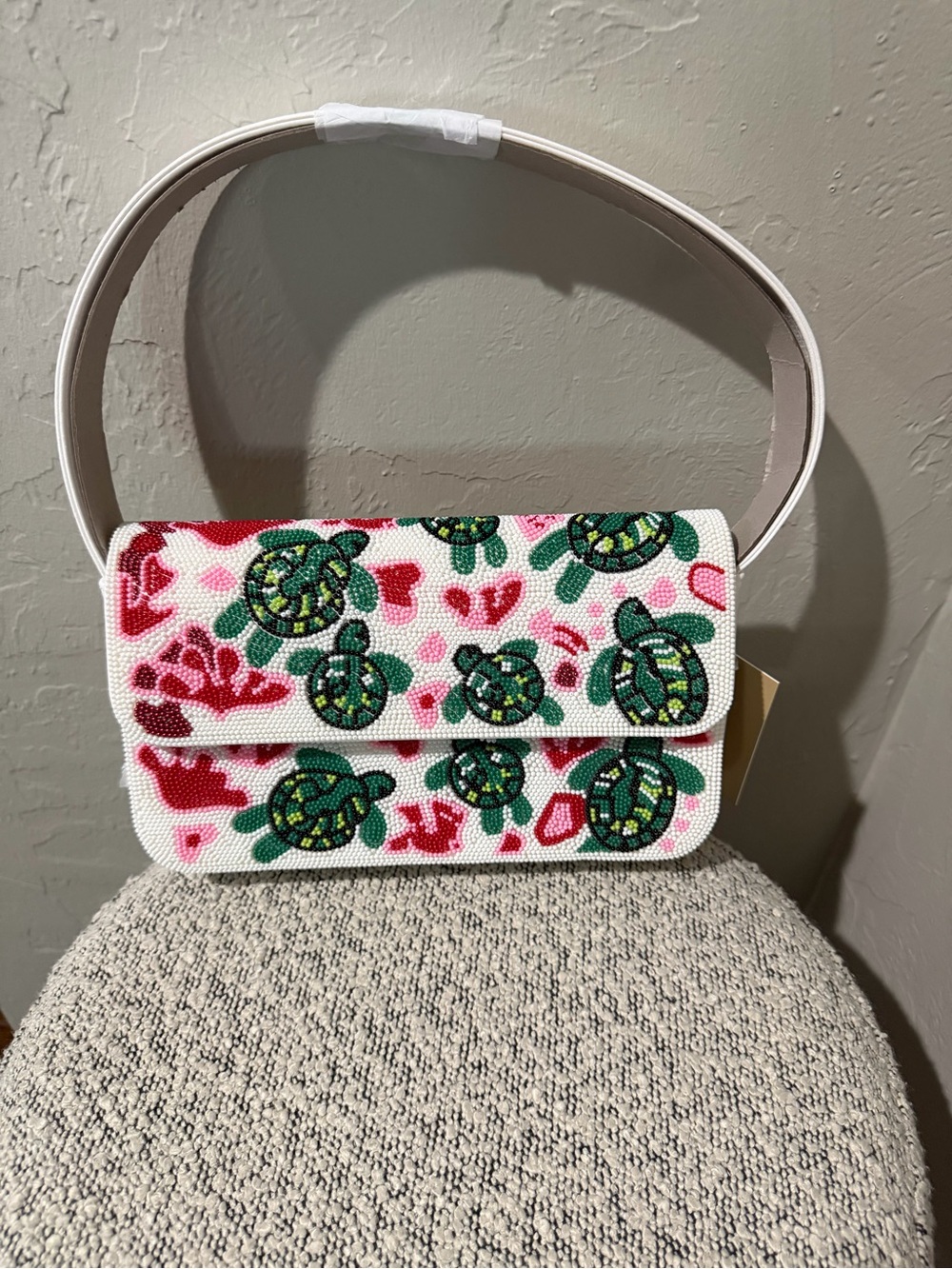White Beaded Crossbody Bag with Green Turtle Motif